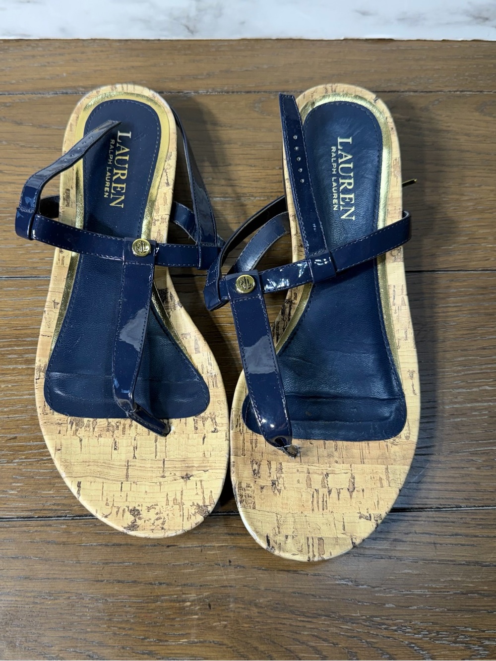 Lauren Ralph Lauren Navy Patent Leather Thong Wedge Sandals Women's size 8